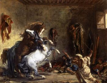 Eugene Delacroix : Arab Horses Fighting in a Stable